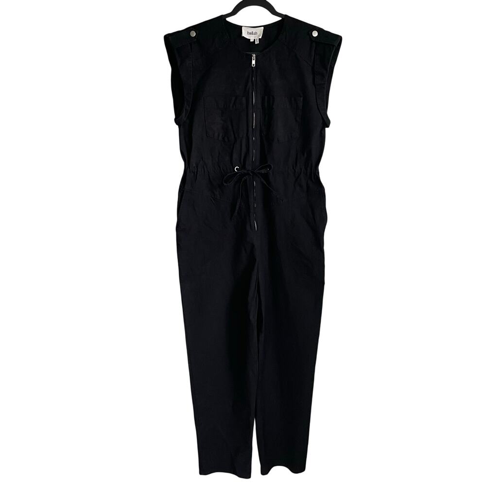 ba&sh Alia Black Jumpsuit Sz M Capped Sleeves Tie Waist Front Zip Pockets Casual